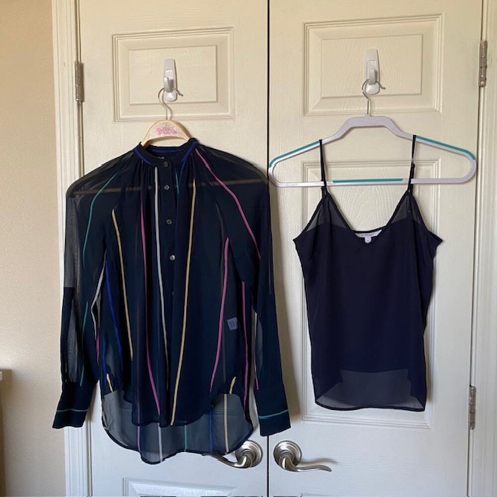 Derek Lam 10 Crosby Sheer‎ Rainbow Striped Mandarin Collar Blouse & Cami Women 0 - Picture 2 of 12